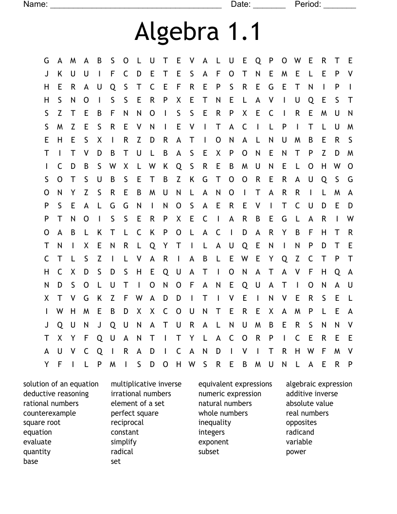 Algebra 1.1 Word Search