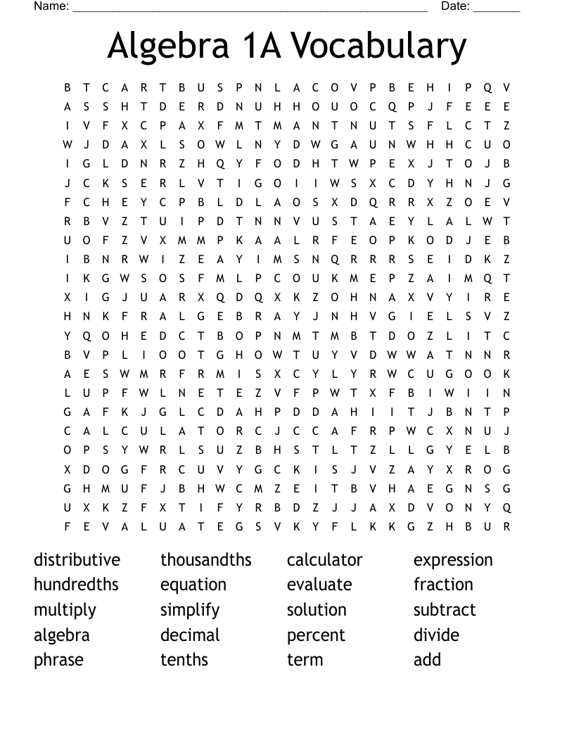 Algebra 1A Vocabulary Word Search