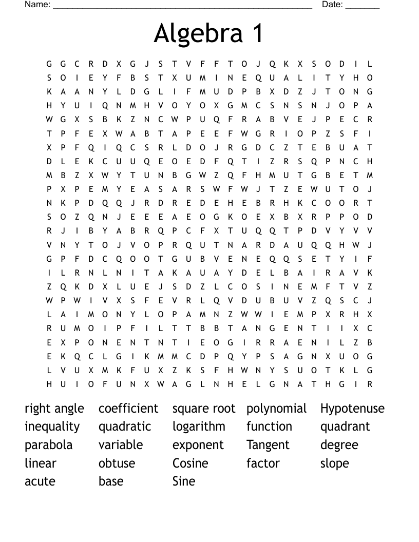 Algebra 1 Word Search