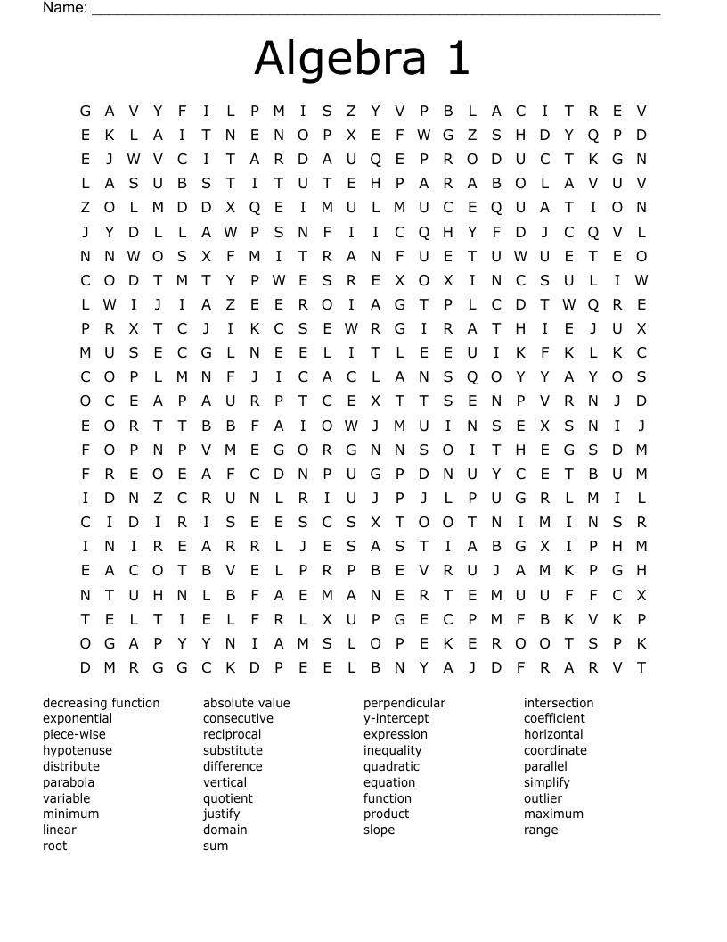 Algebra 1 Word Search