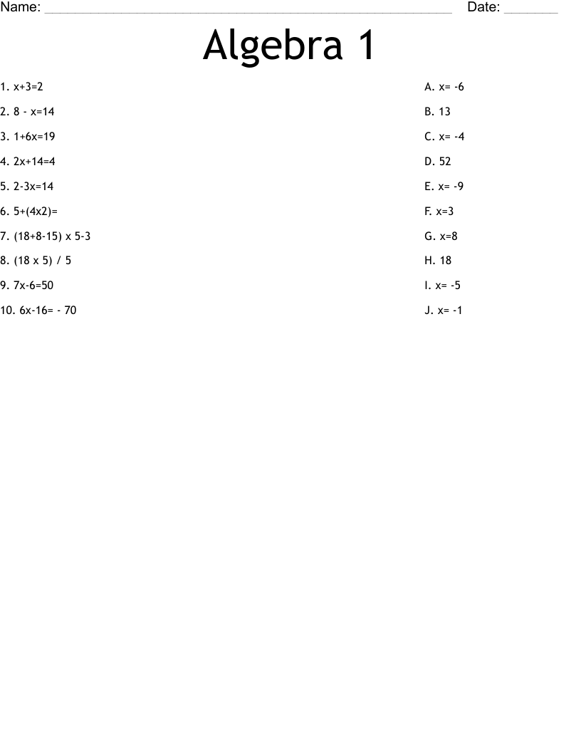 Algebra 1 Worksheet