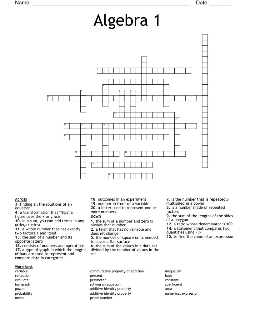 Algebra 1 Crossword