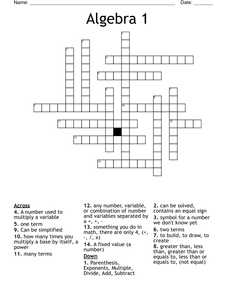 Algebra 1 Crossword