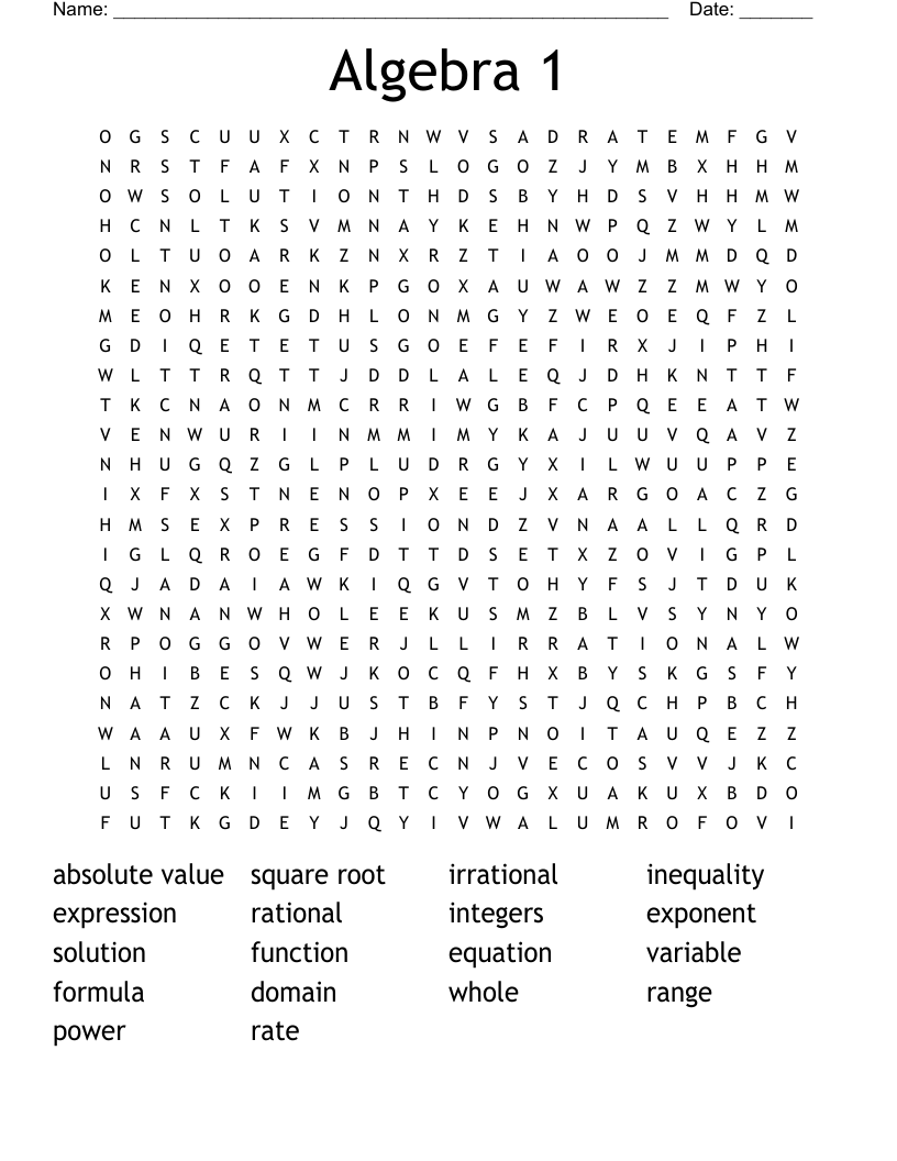Algebra 1 Word Search