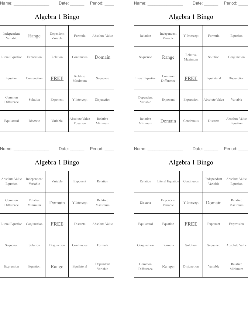 Algebra 1 Bingo