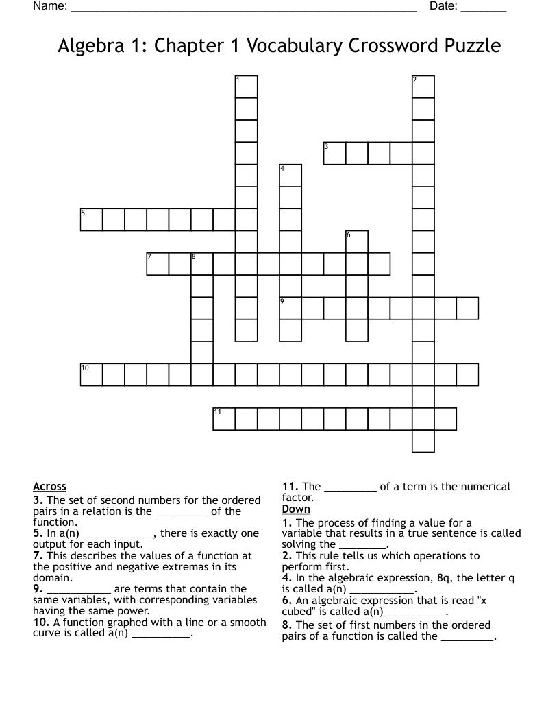 Algebra 1: Chapter 1 Vocabulary Crossword Puzzle