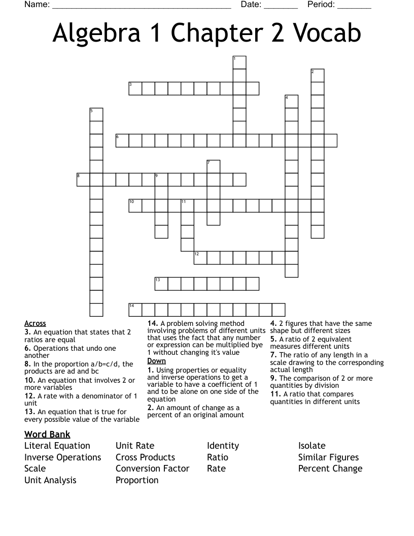 Algebra 1 Chapter 2 Vocab Crossword