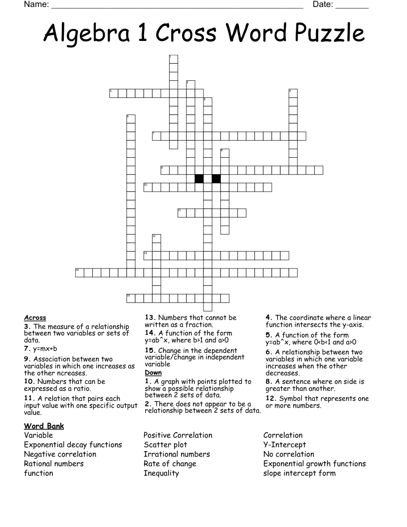 Algebra 1 Cross Word Puzzle