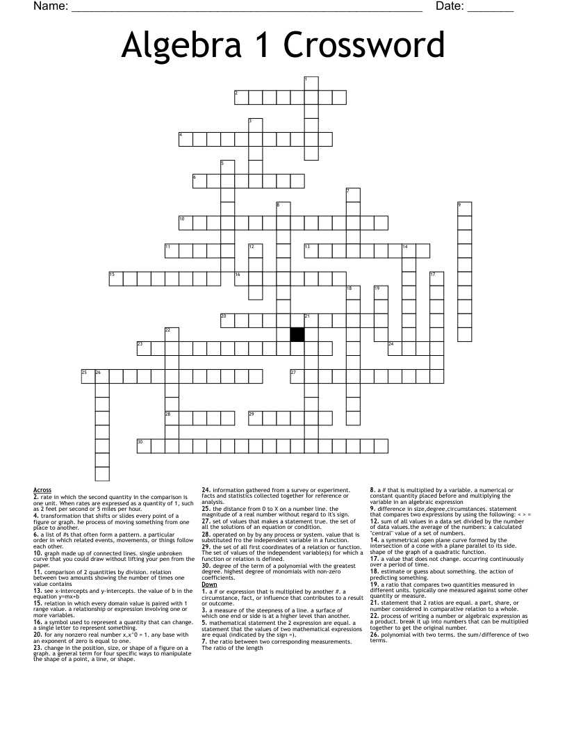 Algebra 1 Crossword