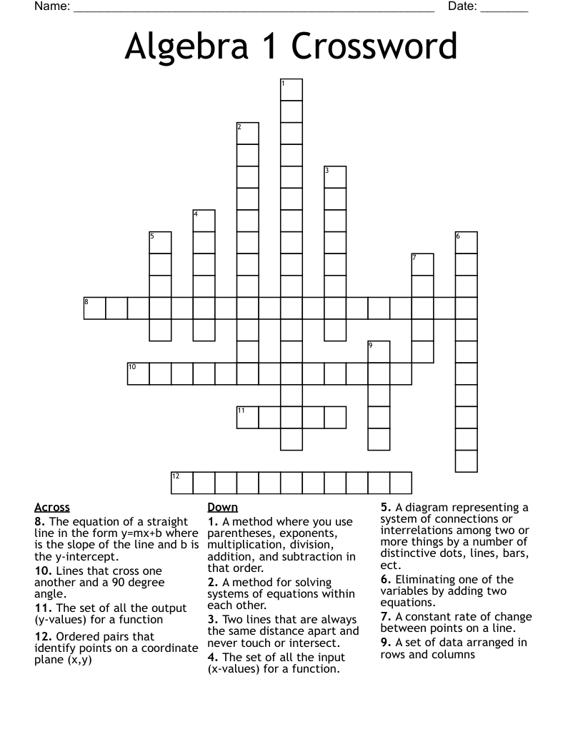 Algebra 1 Crossword