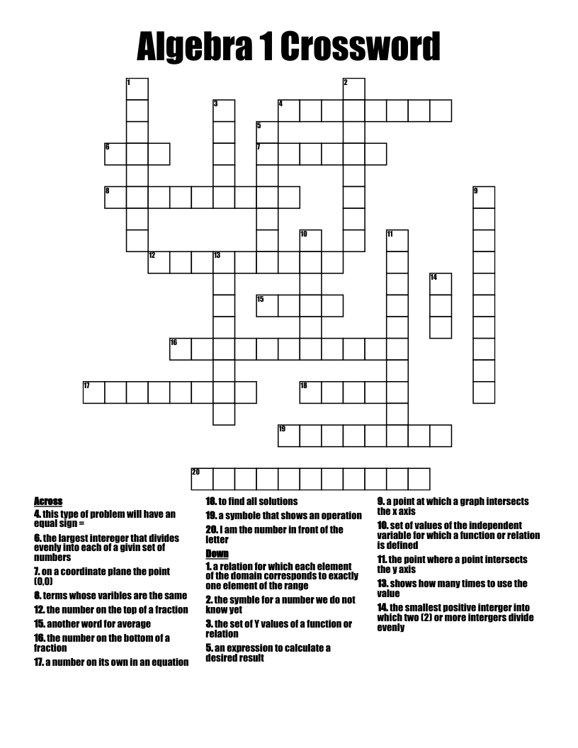 Algebra 1 Crossword
