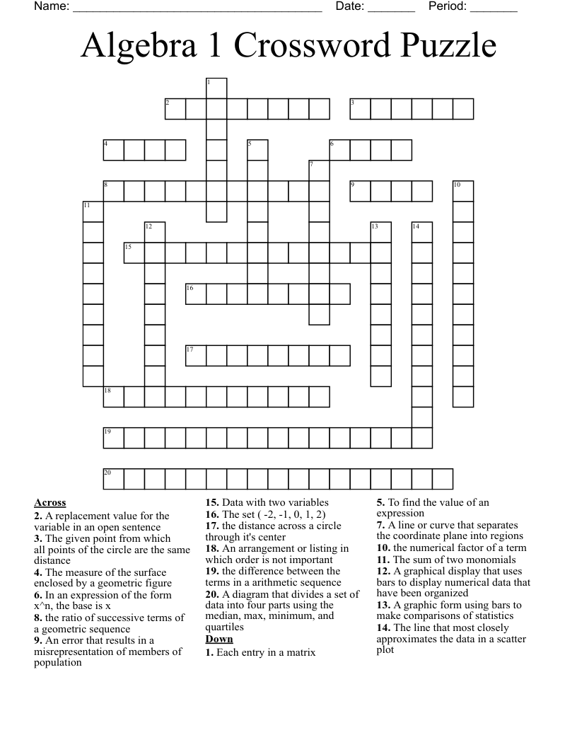 Algebra 1 Crossword Puzzle