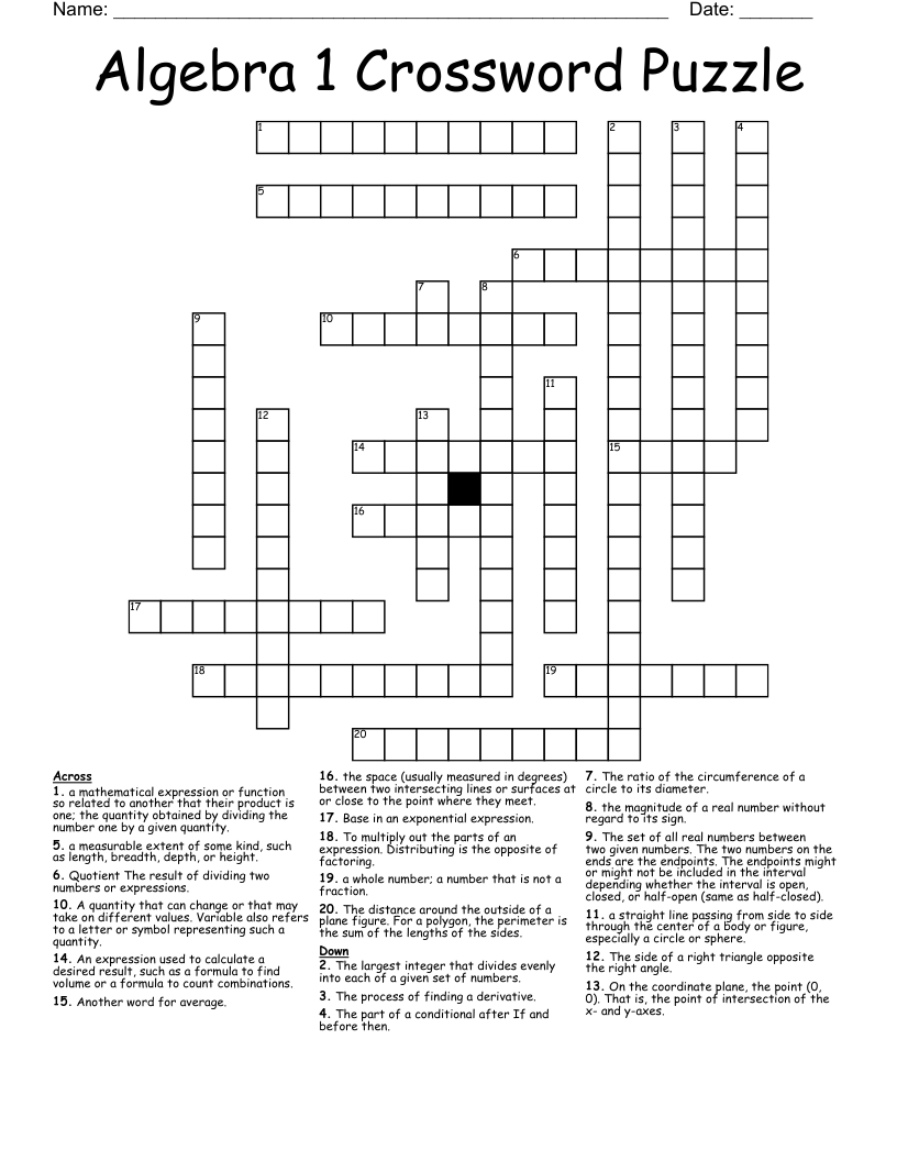 Algebra 1 Crossword Puzzle