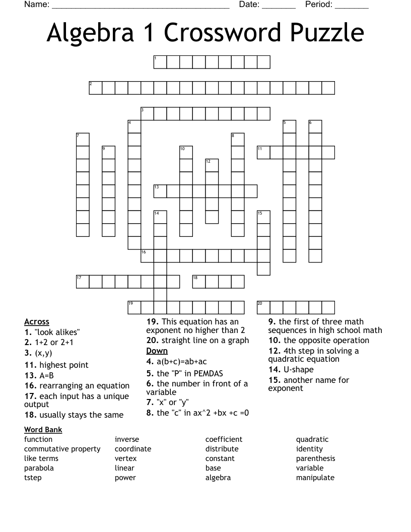 Algebra 1 Crossword Puzzle