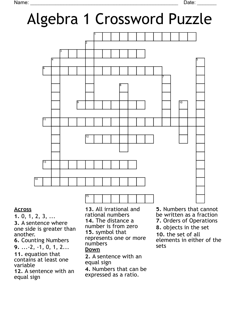 Algebra 1 Crossword Puzzle