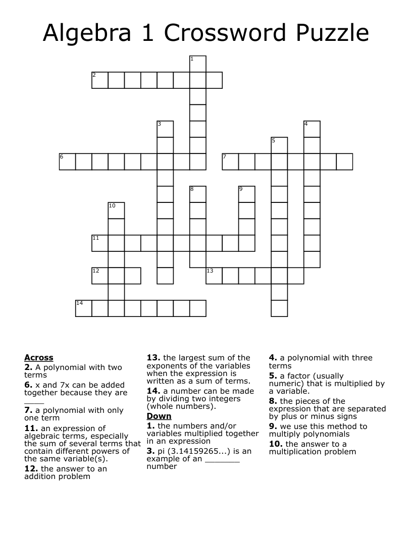 Algebra 1 Crossword Puzzle