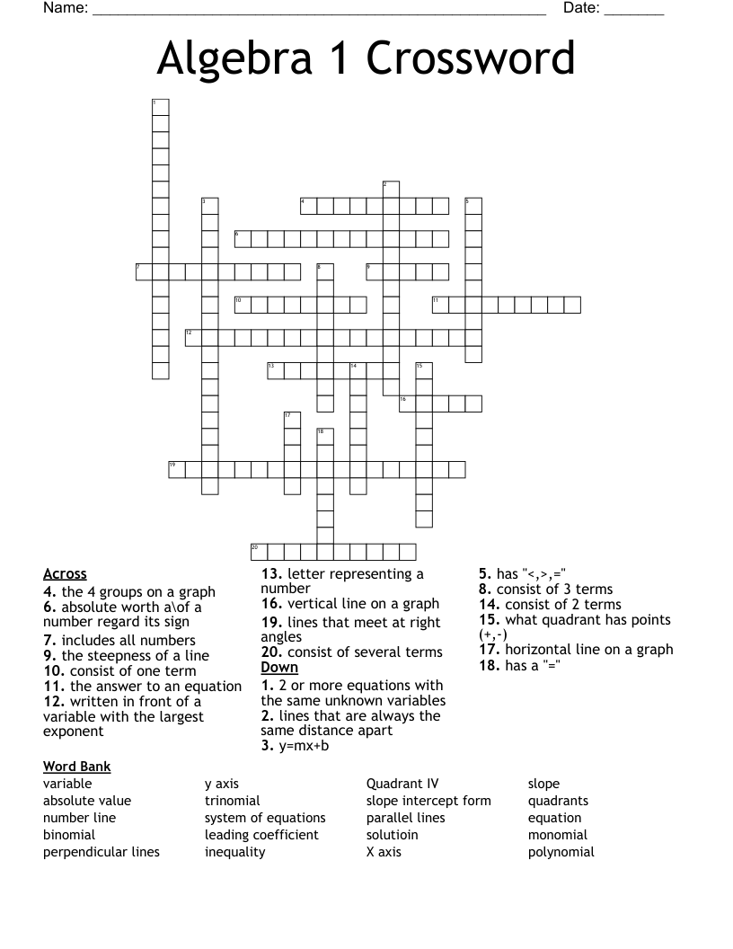 Algebra 1 Crossword 