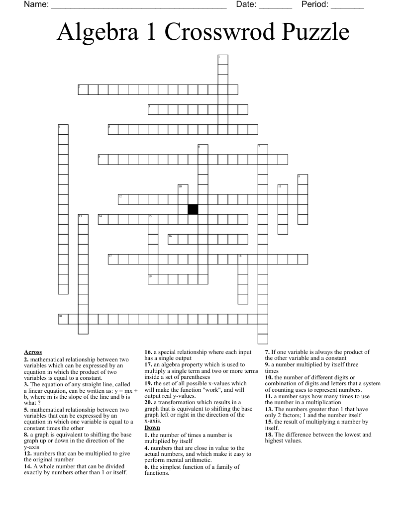 Algebra 1 Crosswrod Puzzle Crossword