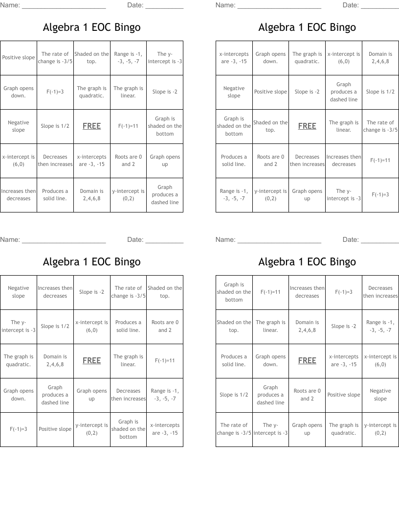 Algebra 1 EOC Bingo