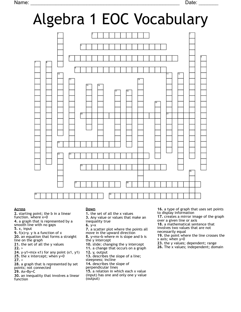 Algebra 1 EOC Vocabulary Crossword
