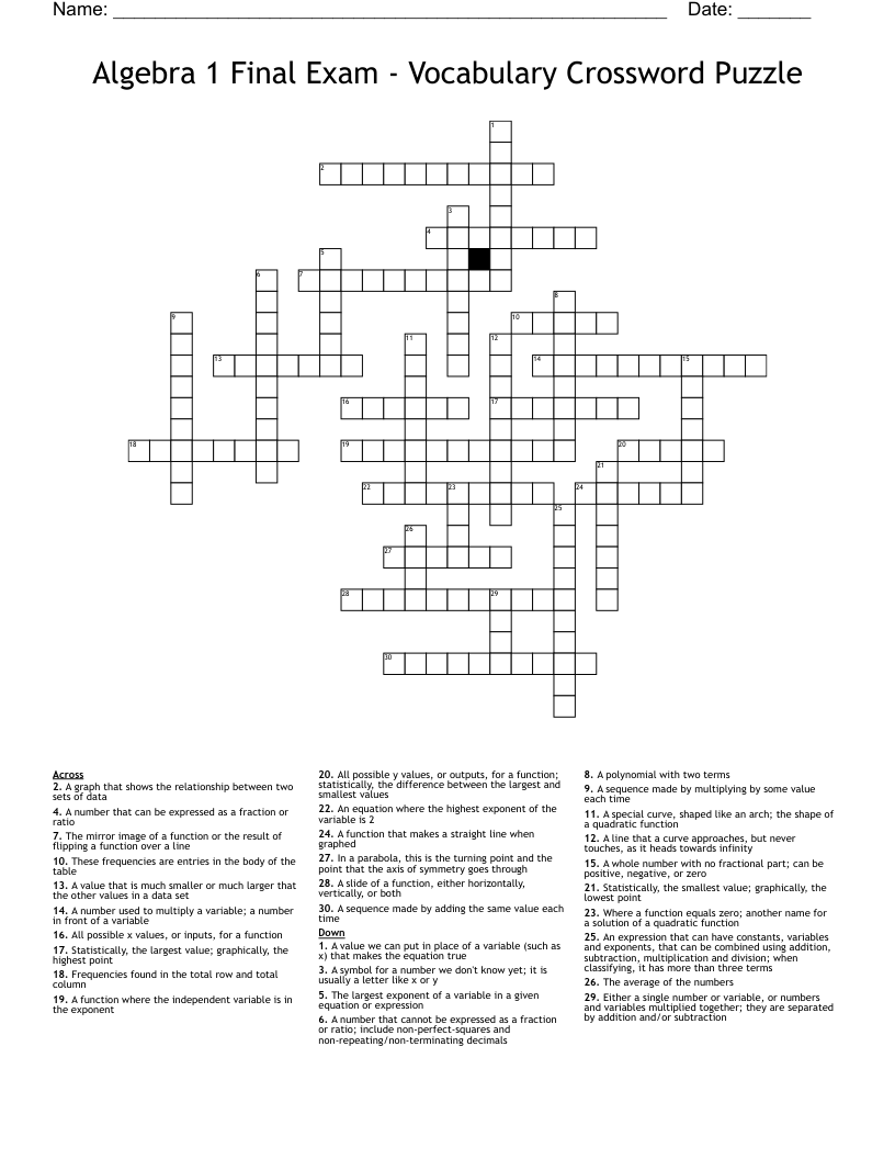 Algebra 1 Final Exam - Vocabulary Crossword Puzzle