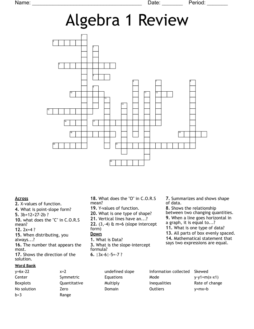 Algebra 1 Review Crossword