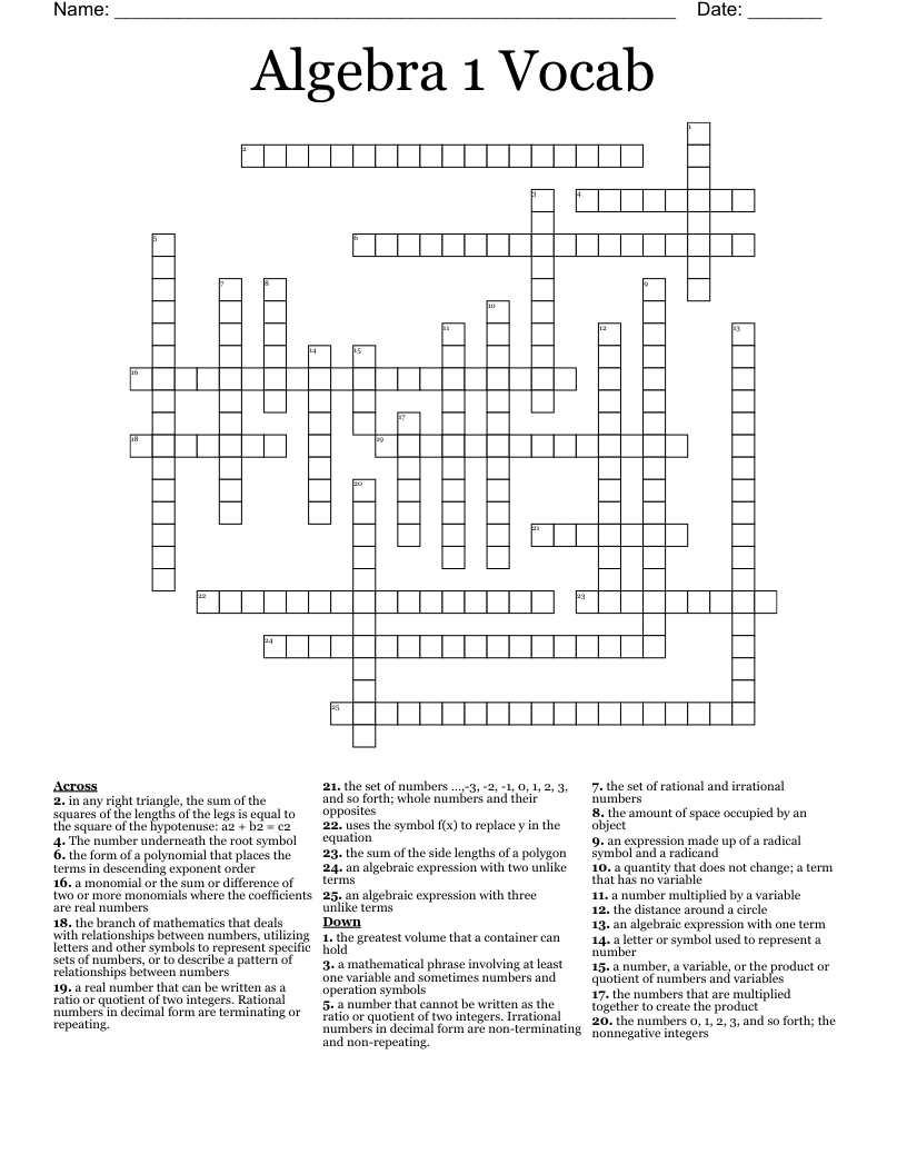 Algebra 1 Vocab Crossword
