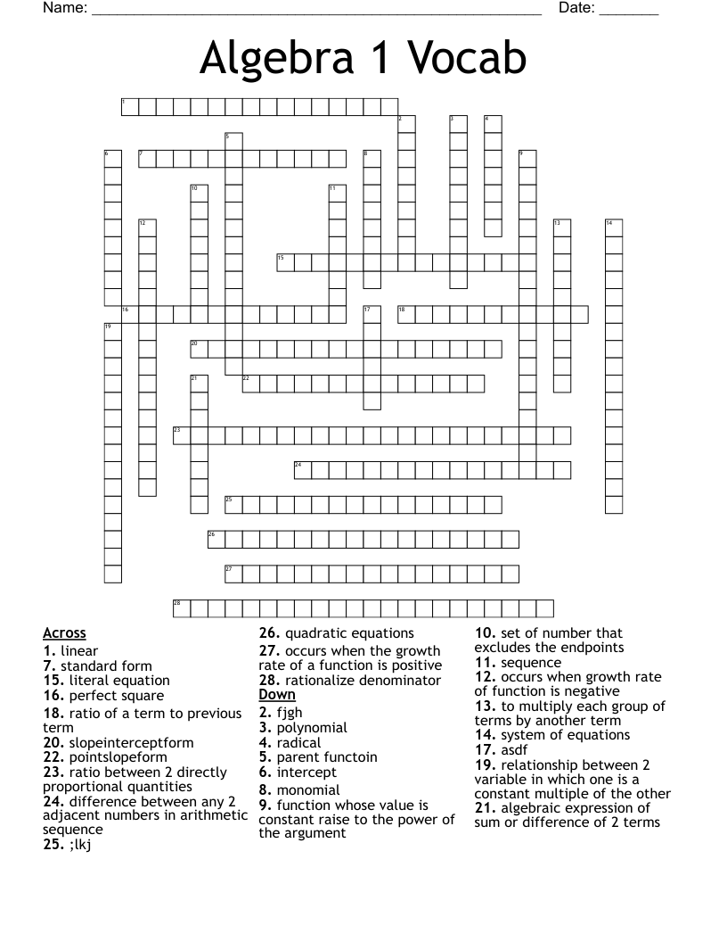 Algebra 1 Vocab Crossword