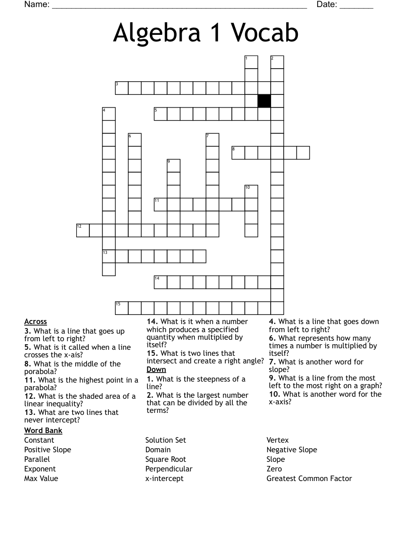 Algebra 1 Vocab Crossword