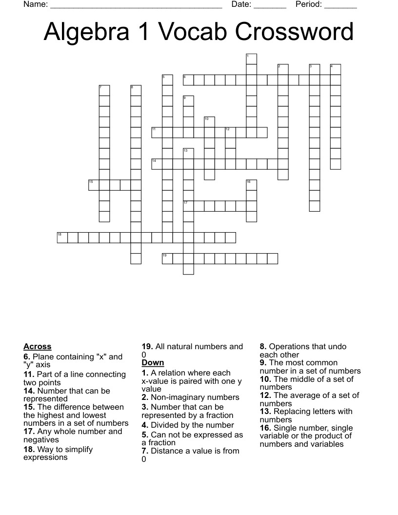 Algebra 1 Vocab Crossword