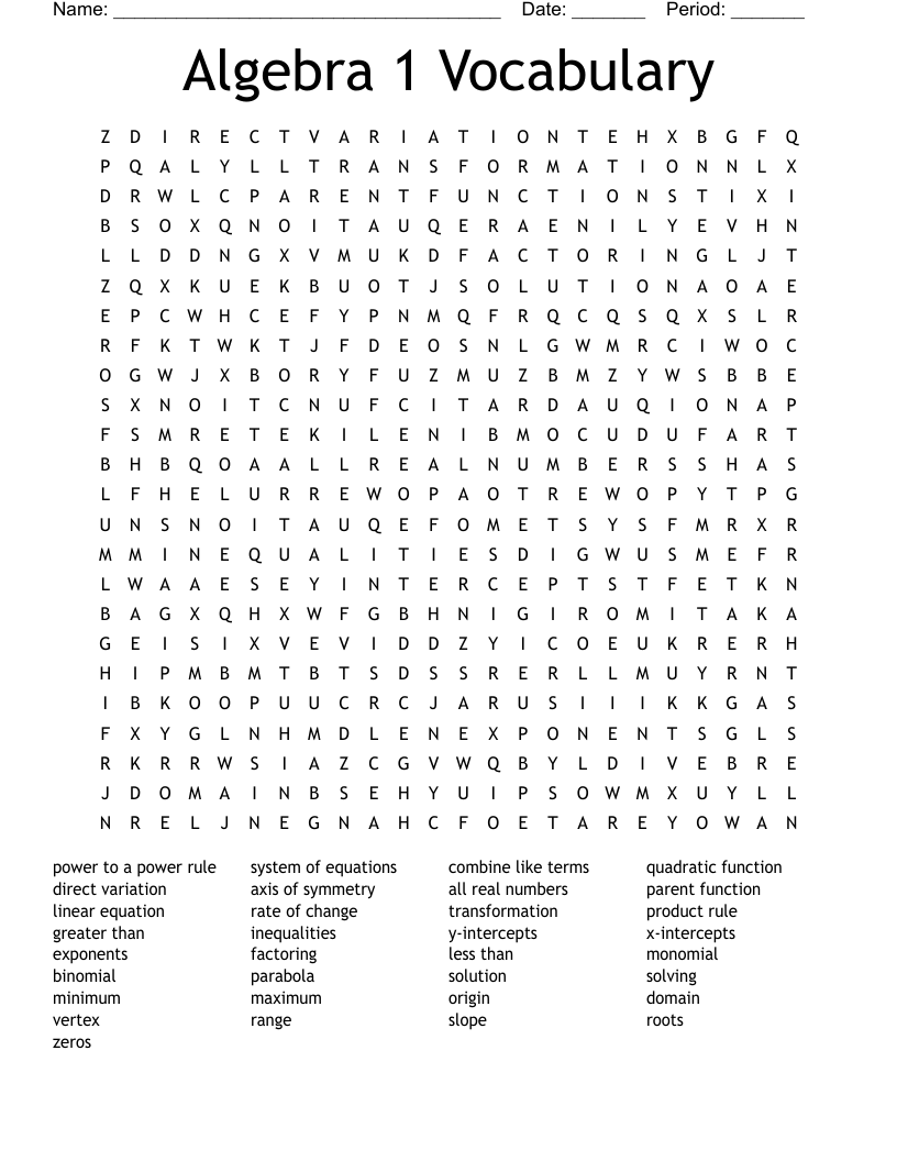 Algebra 1 Vocabulary Word Search