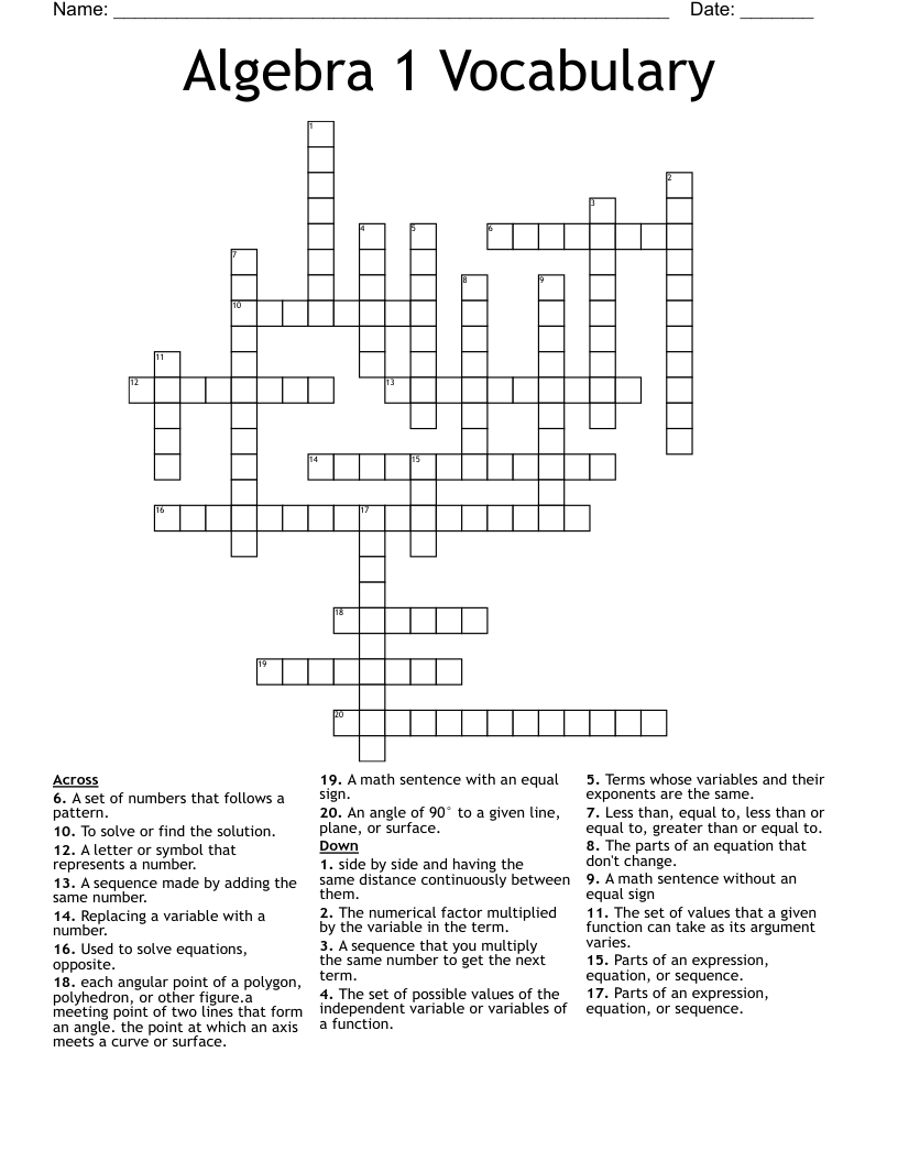 Algebra 1 Vocabulary Crossword