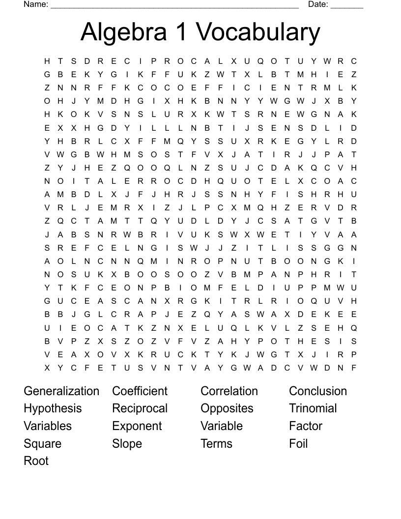Algebra 1 Vocabulary Word Search