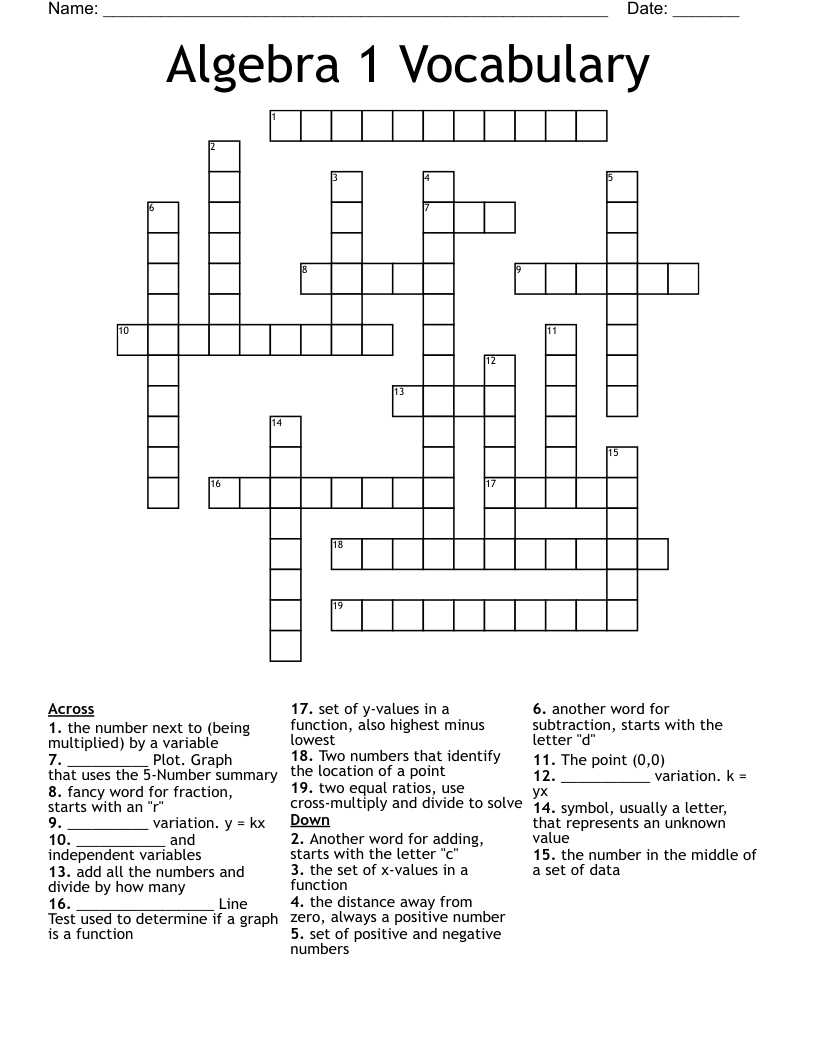 Algebra 1 Vocabulary Crossword