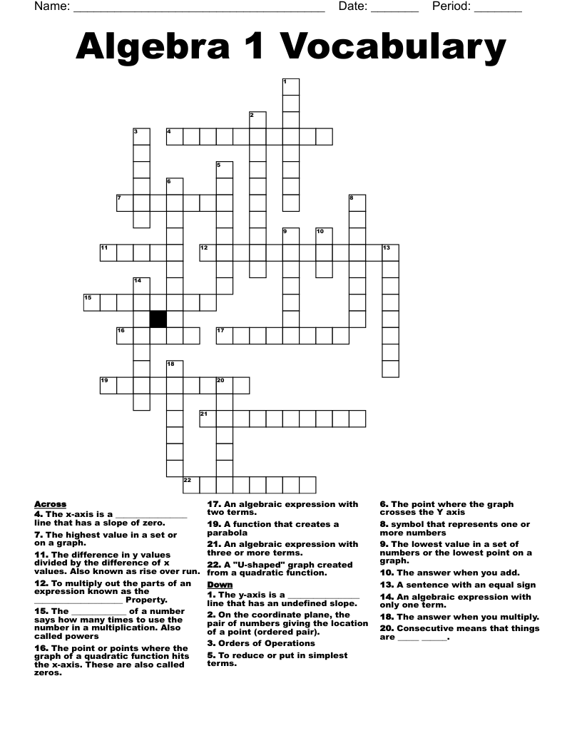 Algebra 1 Vocabulary Crossword