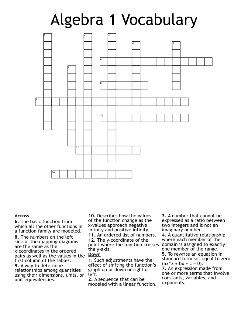 Algebra 1 Vocabulary Crossword