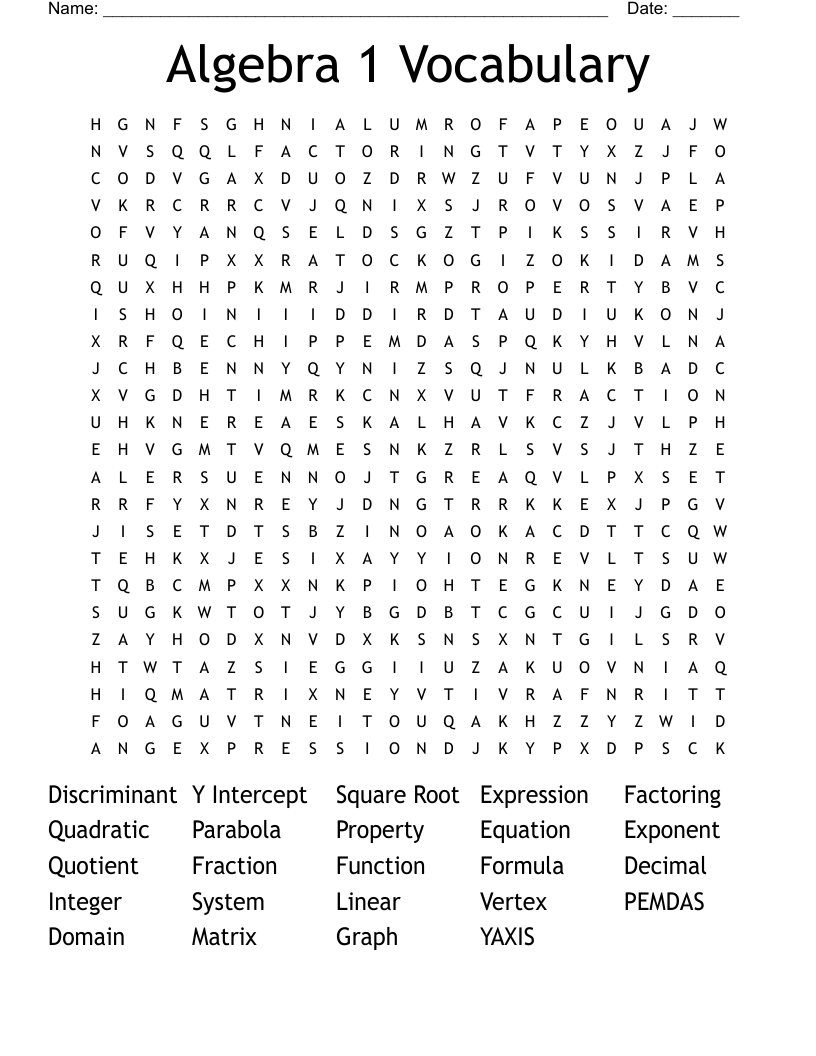 Algebra 1 Vocabulary Word Search