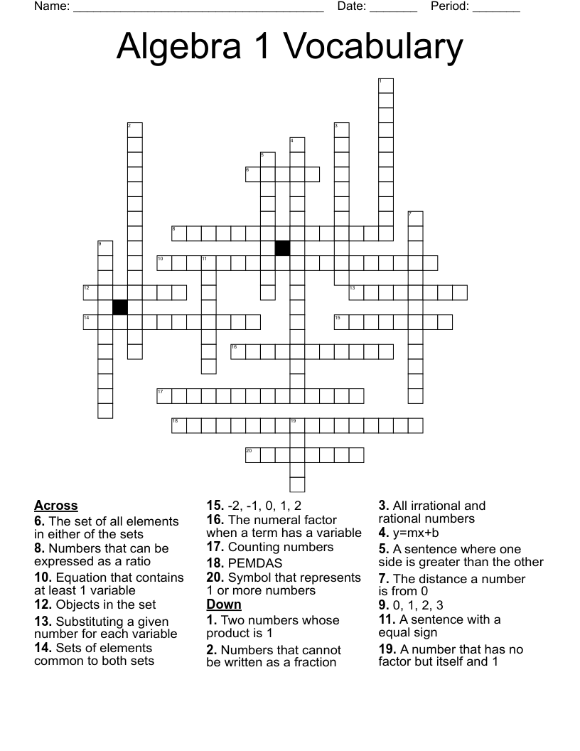 Algebra 1 Vocabulary Crossword