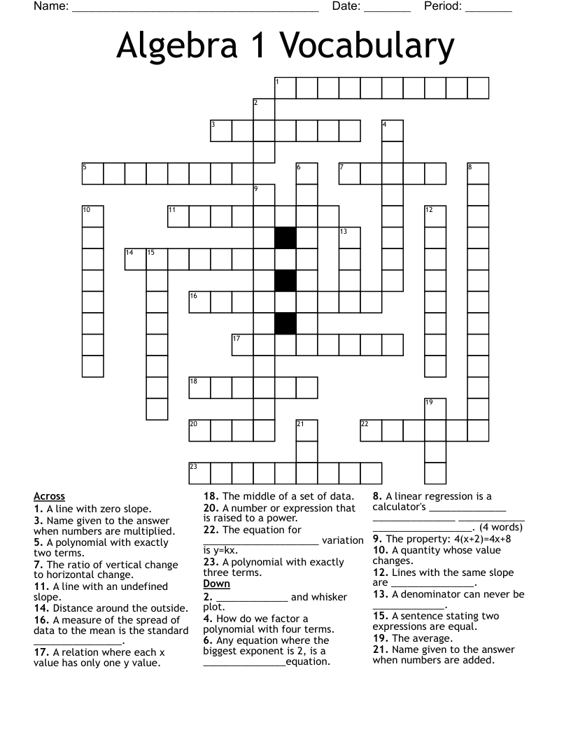 Algebra 1 Vocabulary Crossword