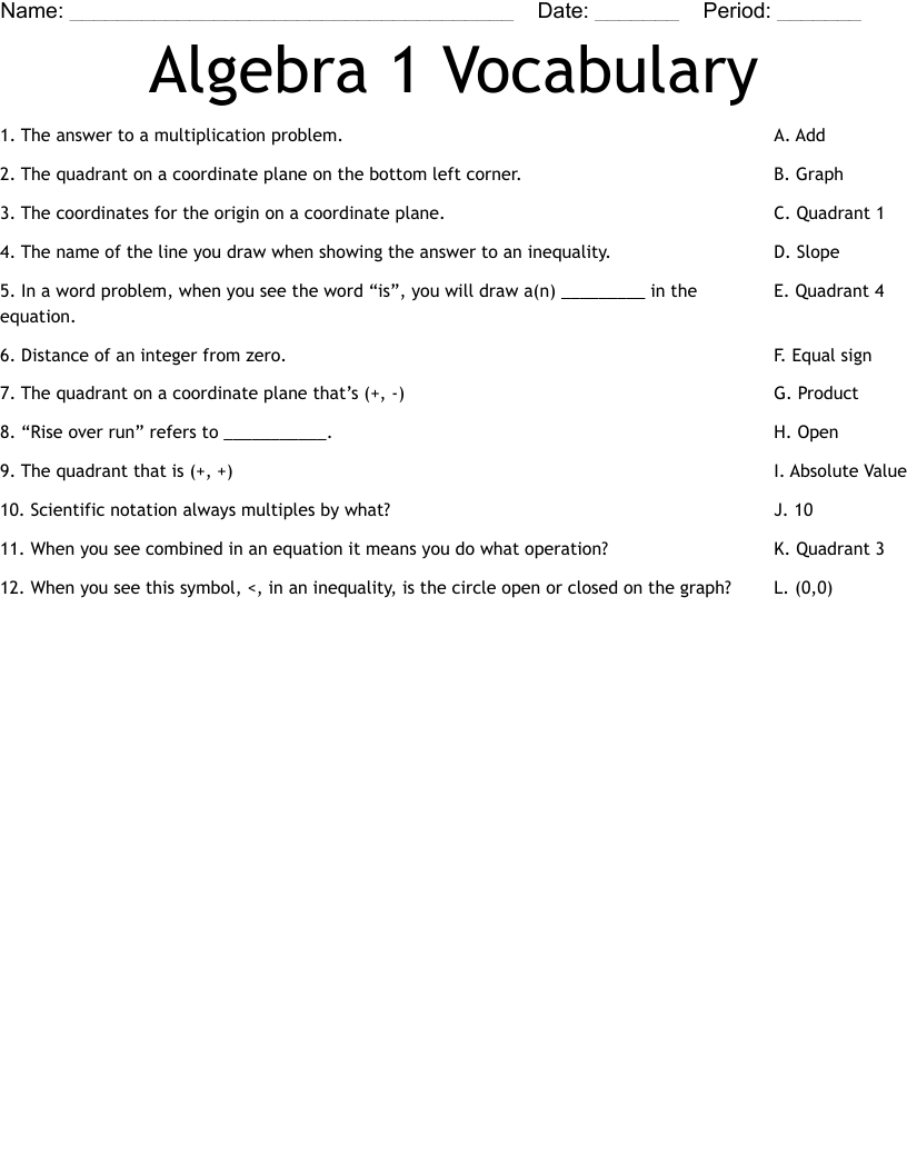 Algebra 1 Vocabulary Worksheet