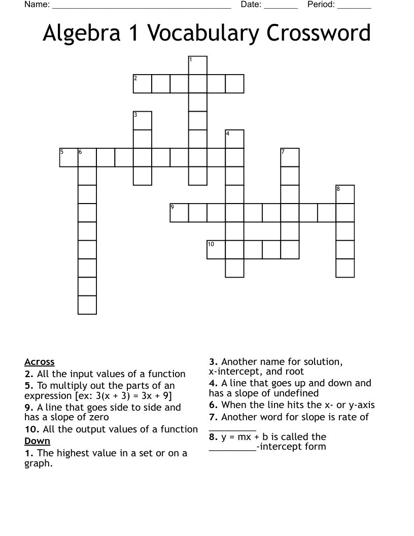 Algebra 1 Vocabulary Crossword