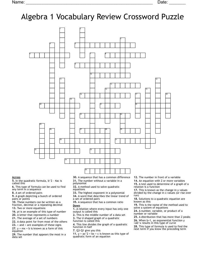 Algebra 1 Vocabulary Review Crossword Puzzle