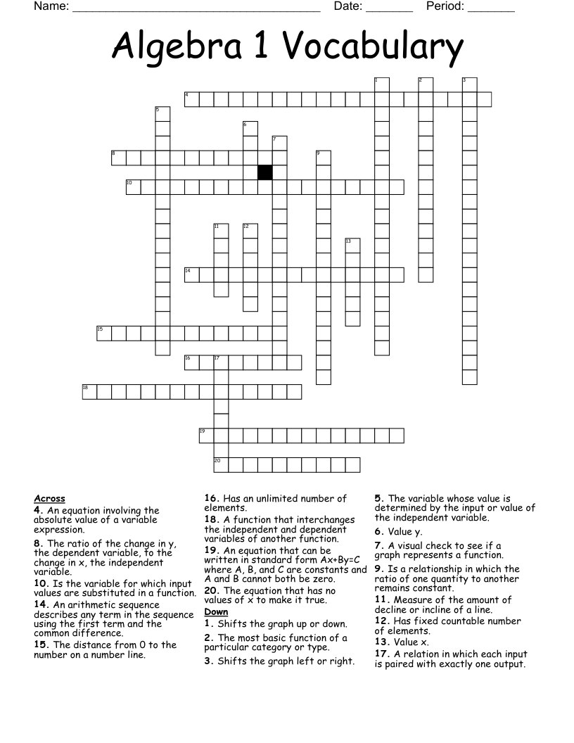 Algebra 1 Vocabulary  Crossword