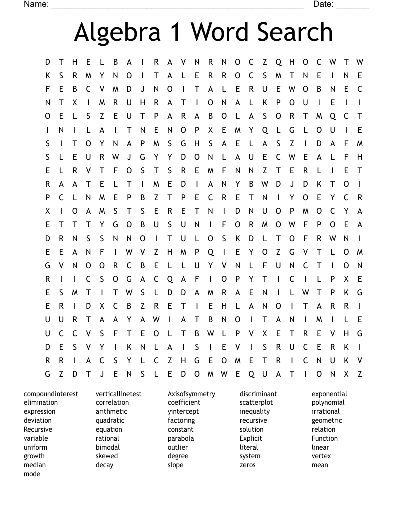 Algebra 1 Word Search