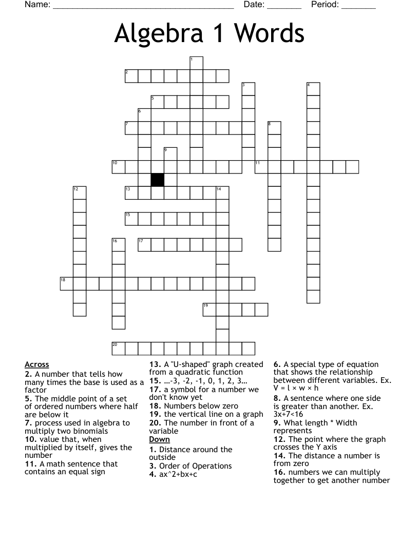 Algebra 1 Words Crossword