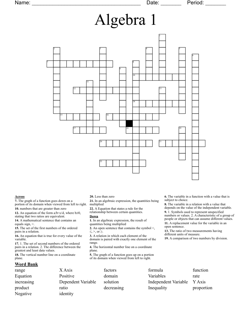Algebra 1  Crossword