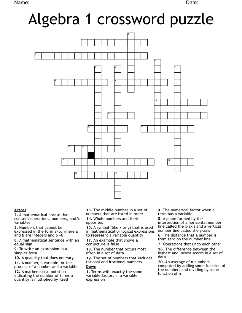 Algebra 1 crossword puzzle