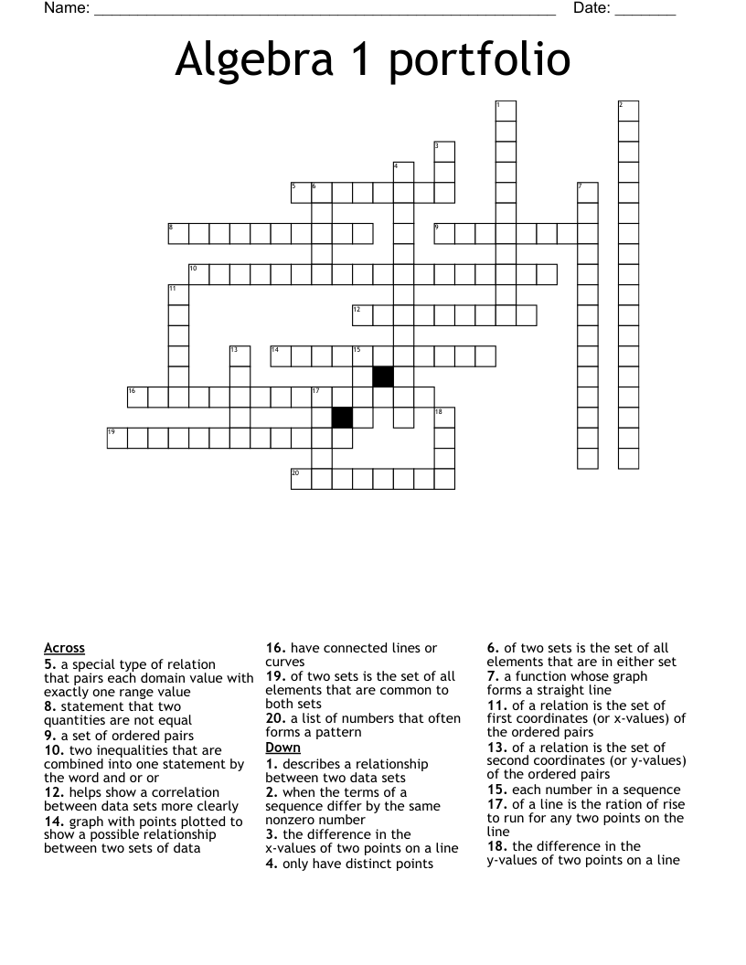 Algebra 1 portfolio Crossword