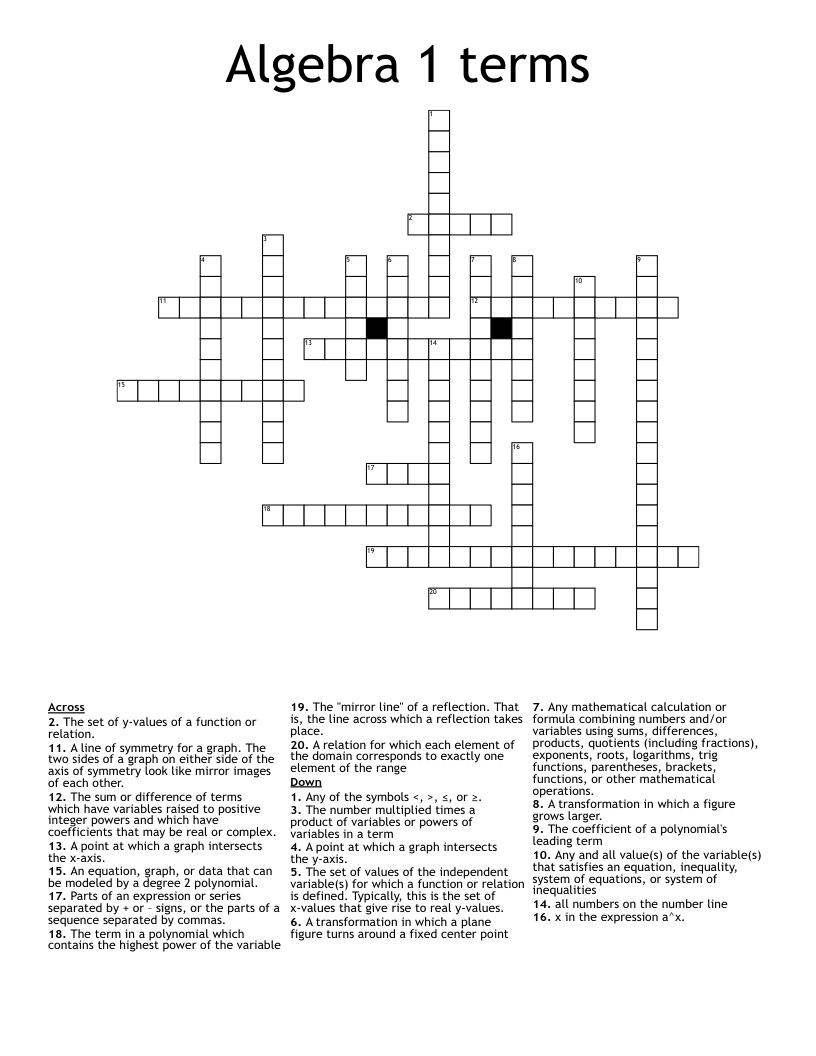 Algebra 1 terms Crossword