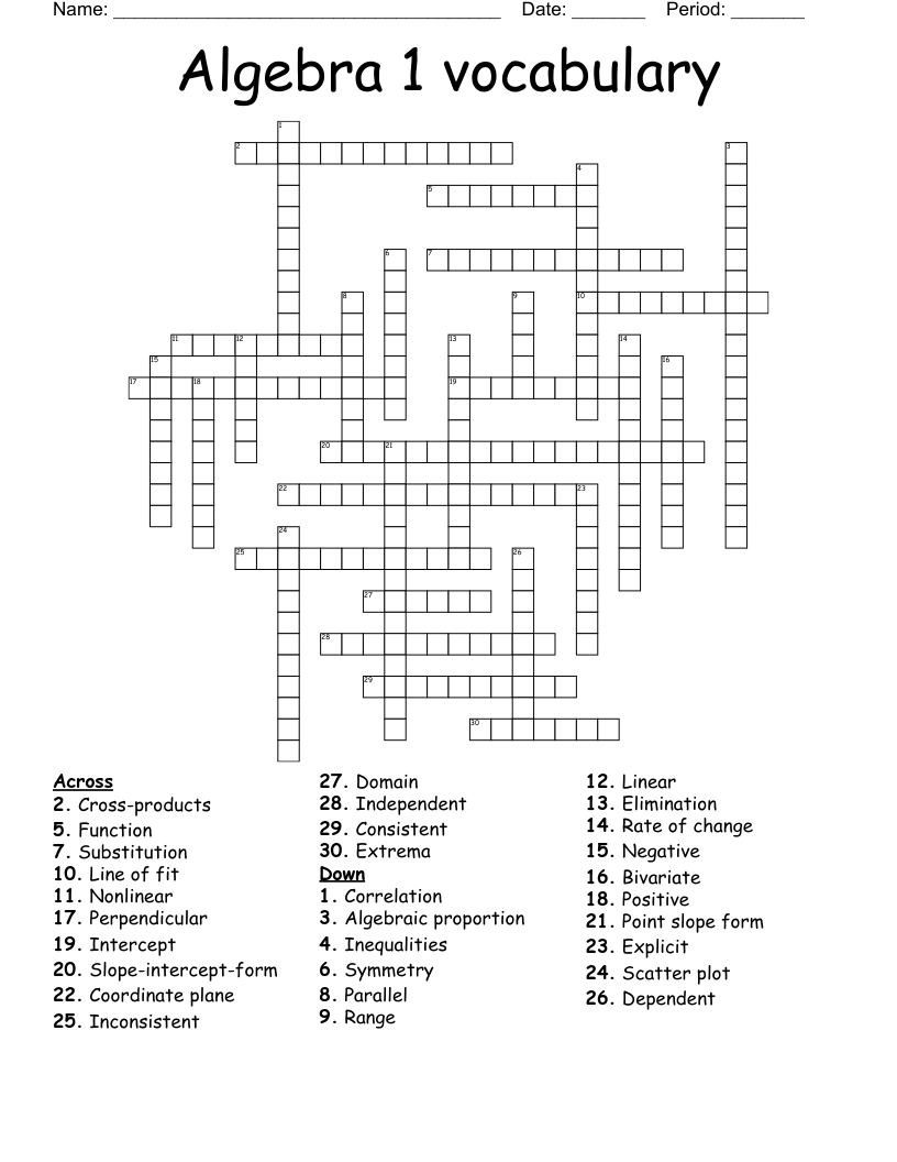 Algebra 1 vocabulary Crossword